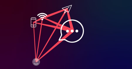 Image of smartphone and connections with tech icons on navy background. Global network, connections,...