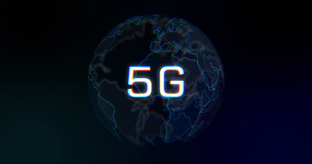 Image of rotating globe and 5g on navy background. Network, connections, communication and technology concept digitally generated image.の写真素材