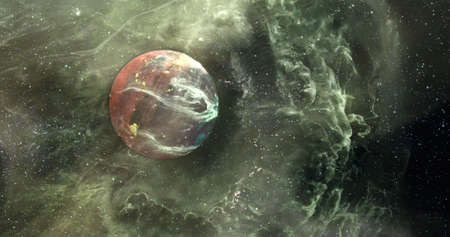 Image of brown planet in yellow galaxy. Astronomy, cosmos, universe and space exploration concept...