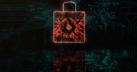 Image of glowing orange security padlock over blue processor socket. Global science, connections, data processing and digital interface concept digitally generated image.の写真素材