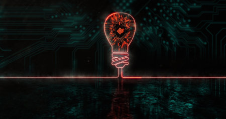 Image of glowing orange light bulb over blue processor socket. Global science, connections, data processing and digital interface concept digitally generated image.の写真素材