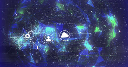 Image of network of digital icons and connections over spinning globe. Global connections, digital world and digital interface concept digitally generated image.の写真素材