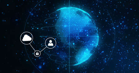 Image of network of digital icons and connections over spinning globe. Global connections, digital...