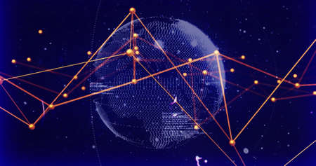 Image of network of connections and data processing over spinning globe. Global connections, digital...