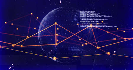 Image of network of connections and data processing over spinning globe. Global connections, digital...