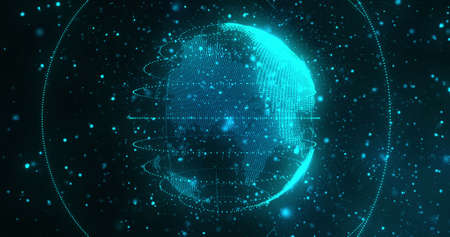 Image of network of connections over spinning globe. Global connections, digital world and digital...
