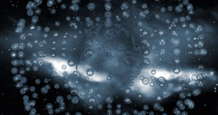 Image of network of digital icons and connections over spinning globe. Global connections, digital...