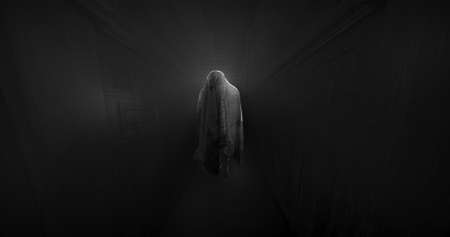 Image of moving ghost and buildings on black background. Halloween and ghosts concept digitally generated image.の写真素材