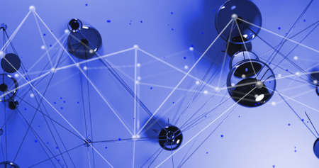Image of network of connections over blue background. Global connections, data processing and digital interface concept digitally generated image.の写真素材