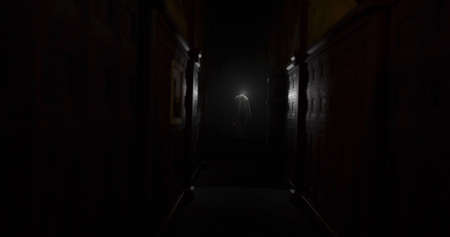 Image of moving ghost and buildings on black background. Halloween and ghosts concept digitally...