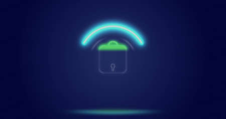 Image of processing circle and digital padlock over navy background. Tech symbols, loading and technology concept digitally generated image.の写真素材