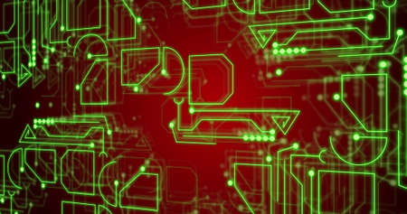 Image of neon integrated circuit on red background. Electronics, signal, data processing and technology concept digitally generated image.の写真素材