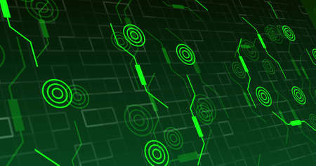 Image of neon integrated circuit on green background. Electronics, signal, data processing and...