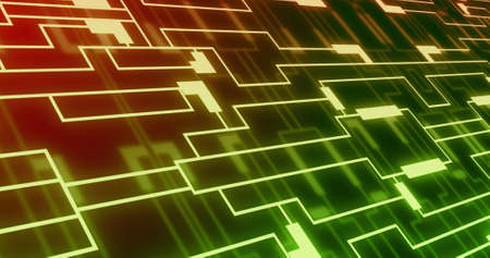 Image of neon integrated circuit on red and green background. Electronics, signal, data processing...