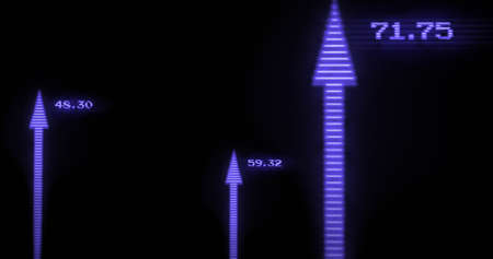 Image of arrows with numbers on black background. Global business and digital interface concept digitally generated image.の写真素材