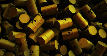 Image of multiple yellow barrels with black nuclear symbols. nuclear power and energy concept...
