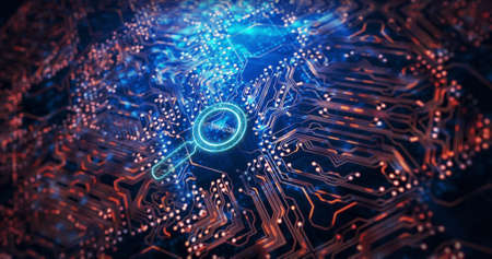Image of magnifying glass with automation text over computer circuit board. Global business,...