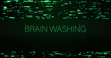 Image of interference over brain washing text on black background. Global technology and digital...