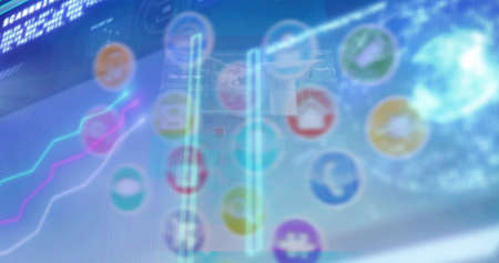 Image of screens with data processing against multiple digital icons on blue background. Global...