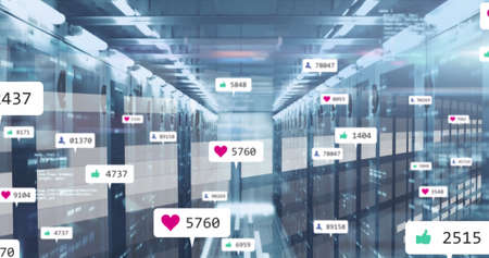 Image of social media icons and numbers and data processing over computer servers. Global social...
