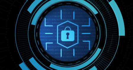 Image of digital padlock in processing circle on black background. Data processing, digital security...