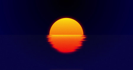 Image of sun over water on black background. Abstract background, colour and movement concept digitally generated image.の写真素材
