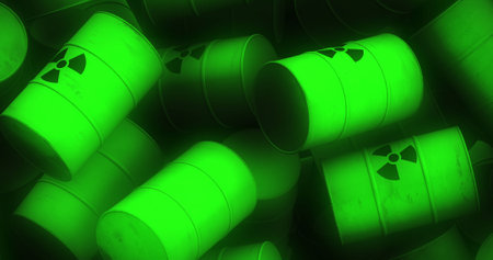 Image of multiple green barrels with black nuclear symbols. nuclear power and energy concept digitally generated image.の写真素材