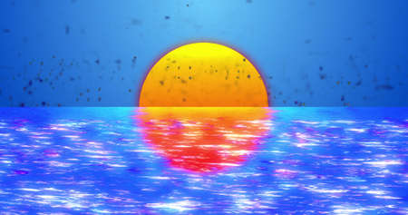 Image of interference and sun over water on blue background. Abstract background, colour and...