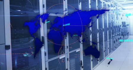 Image of blue world map, processing data and maths calculations over computer server room. Global...