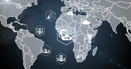 Image of multiple digital icons spinning over world map against blue background. Global networking...