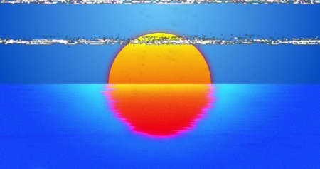 Image of interference and sun over water on blue background. Abstract background, colour and...