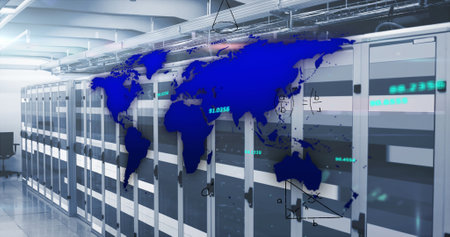 Image of blue world map, processing data and maths calculations over computer server room. Global...