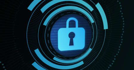 Image of digital padlock in processing circle on black background. Data processing, digital security...