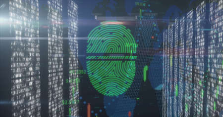 Image of fingerprint over data processing and light spots. Global business and digital interface...