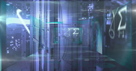 Image of prismatic ring, processing data and maths calculations over computer server room. Global...