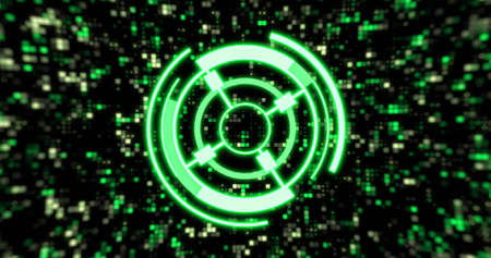 Image of scope scanning over moving columns on black background. Global technology, computing and...