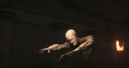 Image of scary zombie mummy walking around in dark room with burning torches. Halloween fear, horror...