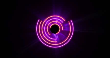Image of glowing pink and purple circles over black background. Colour and movement concept digitally generated image.の写真素材
