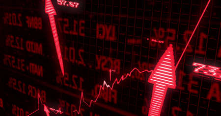 Image of statistics and financial data processing over arrows on black background. Global business,...