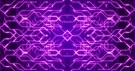 Image of neon integrated circuit on purple background. Electronics, signal, data processing and technology concept digitally generated image.の写真素材