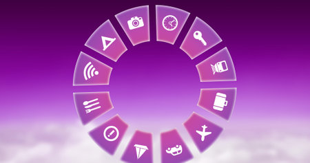 Image of travel icons spinning on pink background. Global travel, technology, digital interface and data processing concept digitally generated image.の写真素材