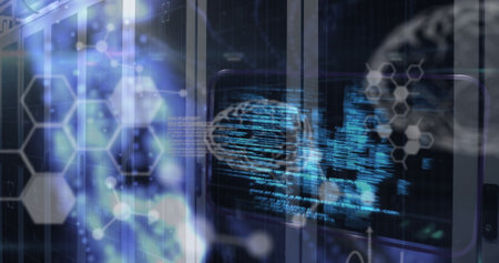 Image of data processing over server room. Global business and digital interface concept digitally...