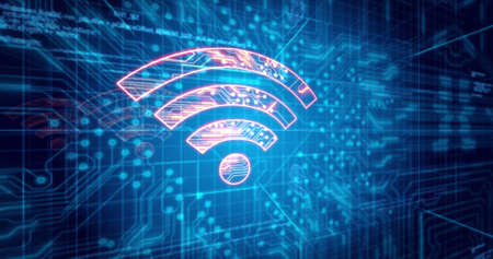 Image of glowing orange wifi icon over blue processor socket. Global science, connections, data...