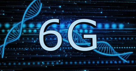 Image of 6g text over dna strands and light spots on black background. Global technology, computing...