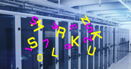 Image of letters and data processing over computer servers. Global social media, computing, data...