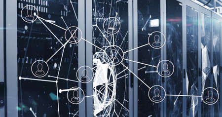 Image of people icons and data processing over computer servers. Global networks, computing, data...