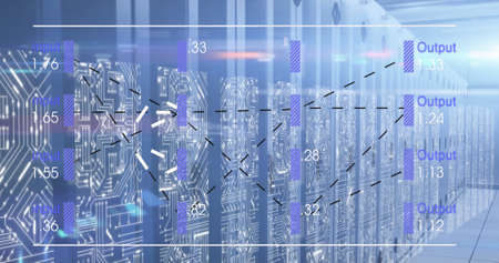 Image of text, numbers and data processing over computer servers. Global networks, computing, data...