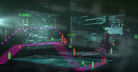 Image of chains over data processing and digital screens. Global business and digital interface concept digitally generated image.の写真素材