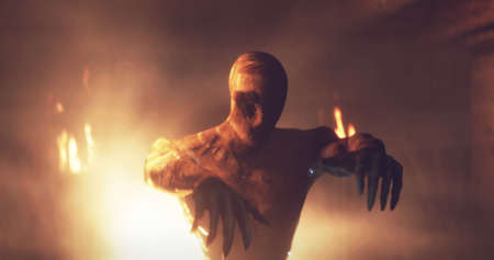 Image of scary zombie mummy walking around in dark crypt room with burning torches. Halloween fear,...