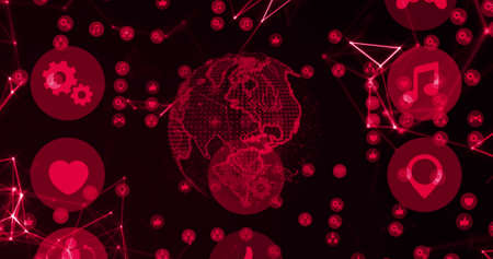 Image of network of digital icons and connections over spinning globe. Global connections, digital...